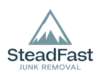 A logo for steadfast junk removal with a mountain in the middle