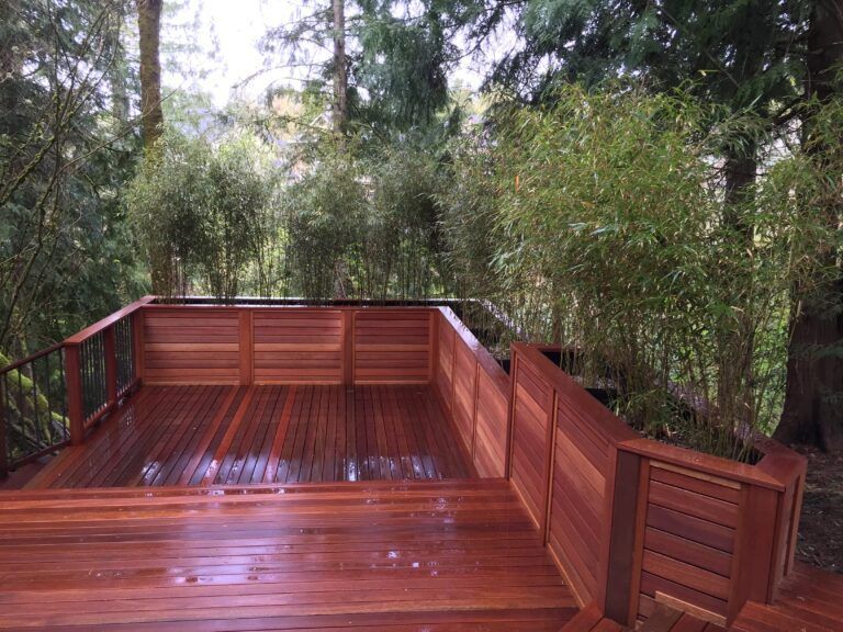 NW Portland Mahogany Deck With Bamboo Planter Boxes Built by Creative Fences & Decks