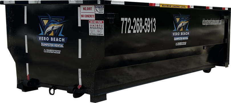 Black dumpster with Vero Beach logo and phone number.