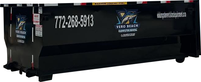 Black dumpster with white text: