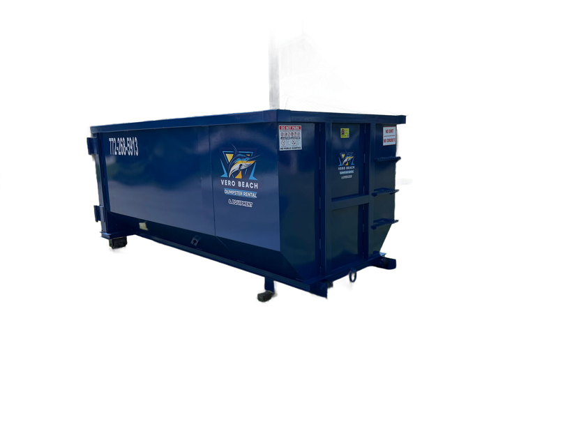 Blue dumpster with white text: