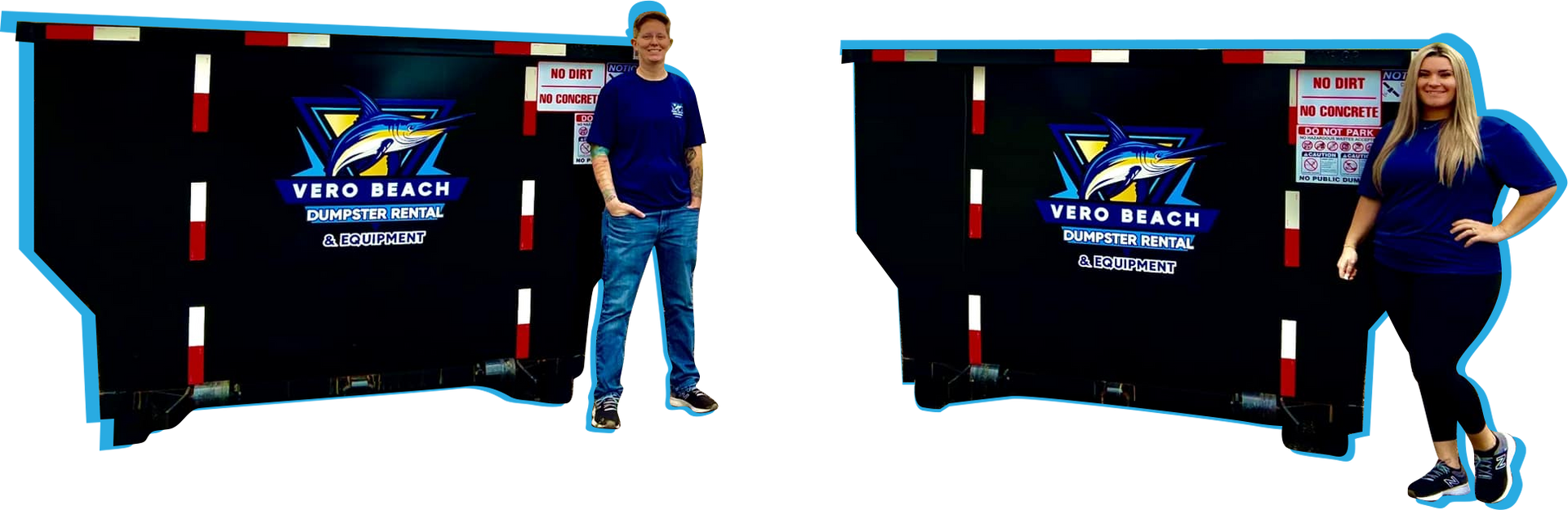Two people posing beside large black dumpsters