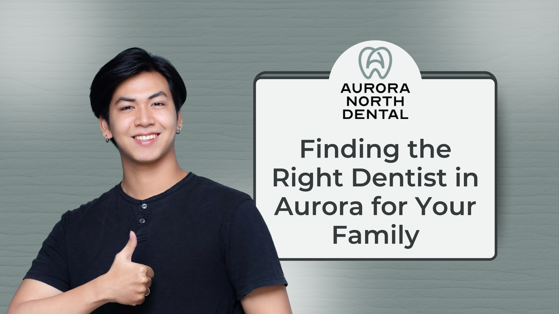Man giving thumbs up next to a sign for Aurora North Dental. Text reads