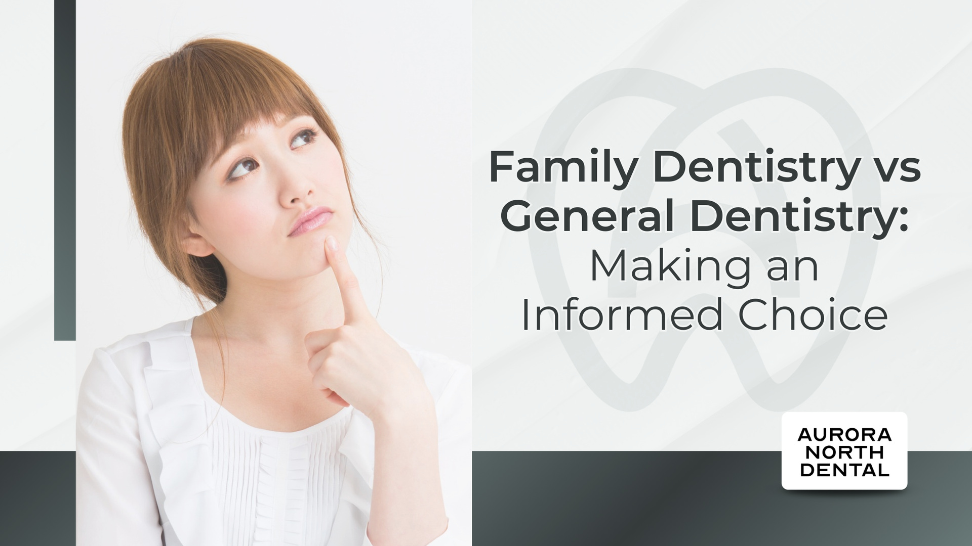 Woman thinking, hand to chin, next to