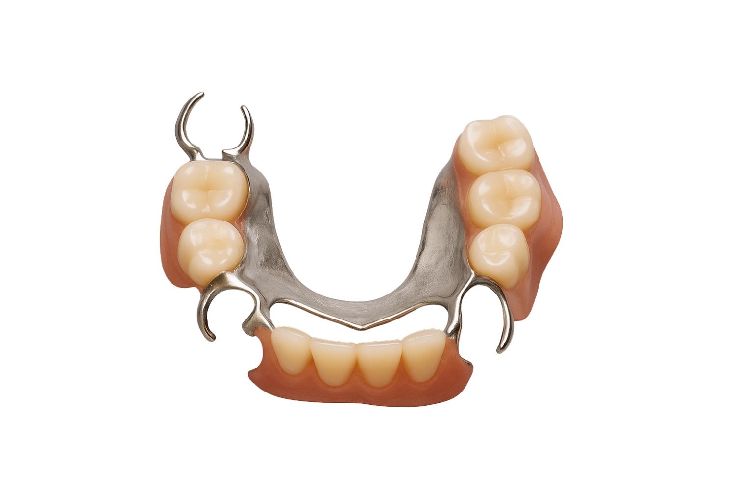 Partial denture with metal clasps and artificial teeth, against a white background.