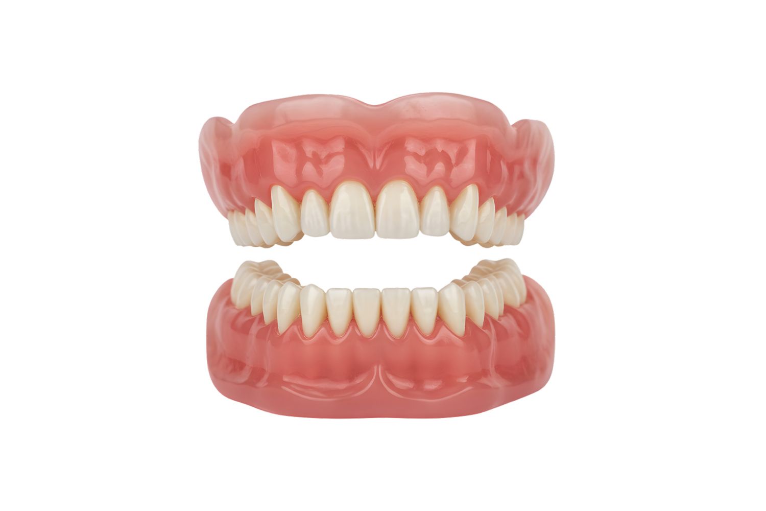 Dentures, complete set, pink base with white teeth.