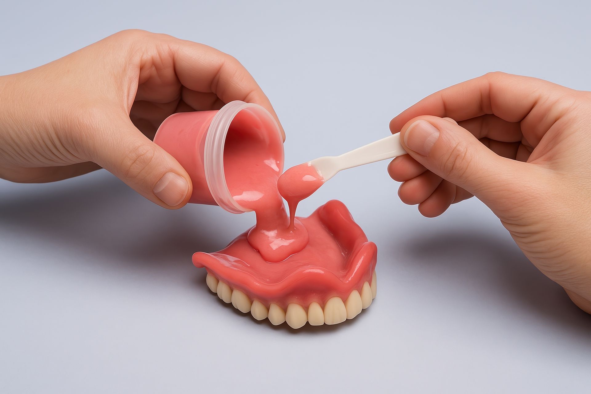 Dentures being spread with pink adhesive using a spatula.