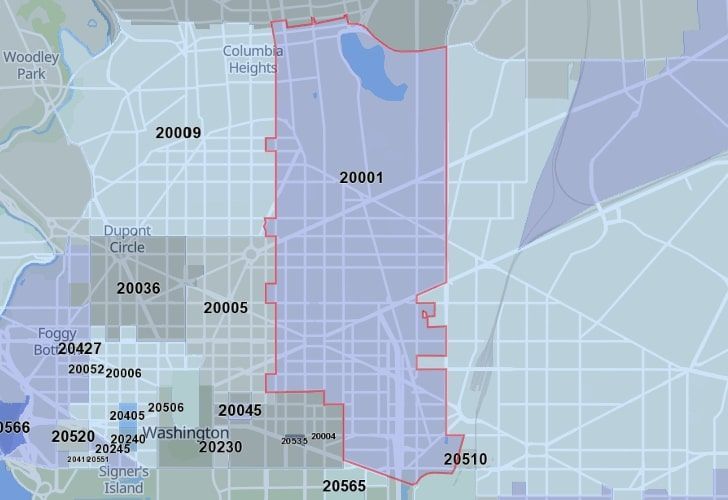 A Map Of The Logan Circle Neighborhood In Washington, D.C., Showing The 20001 Area.