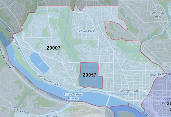 A Map Of The Georgetown Neighborhood In Washington, D.C., Showing The 20007 Area.