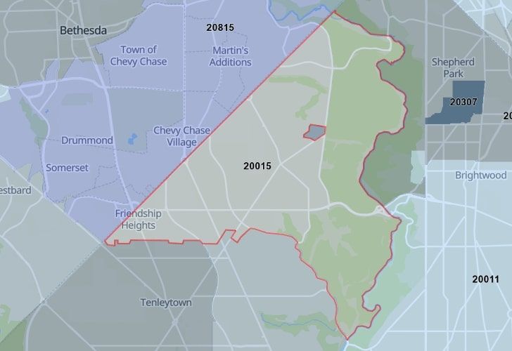 A Map Of The Chevy Chase Neighborhood In Washington, D.C., Showing The 20015 Area.