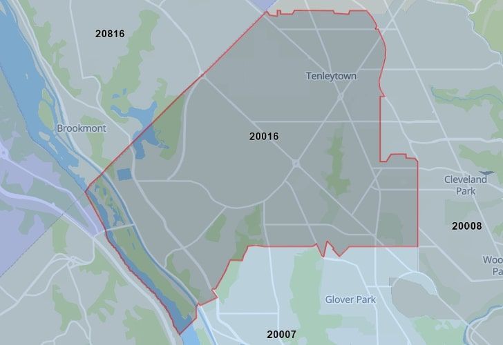 A Map Of The Wakefield Neighborhood In Washington, D.C., Showing The 20016 Area.