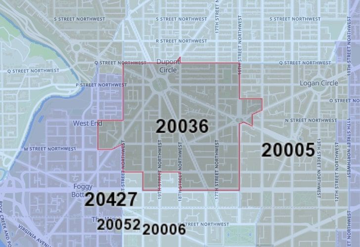 A Map Of The West End Neighborhood In Washington, D.C., Showing The 20036 Area.