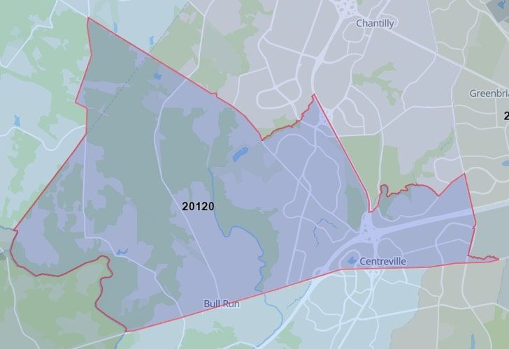 A Map Of Chantilly In Northern Virginia, Showing The Zip Code 20120.