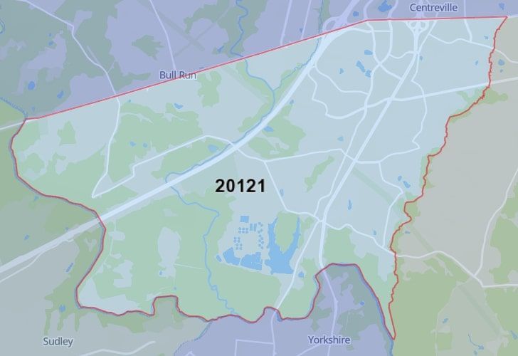 A Map Of Centreville In Northern Virginia, Showing The Zip Code 20121.