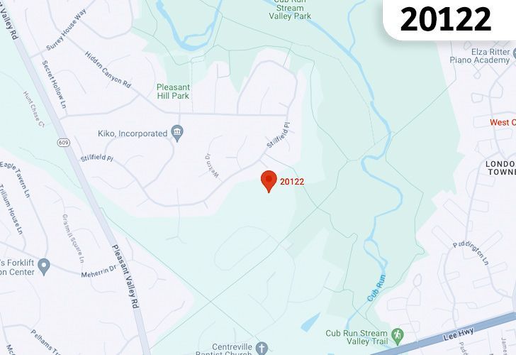 A Map Of Centreville In Northern Virginia, Showing The Zip Code 20122.