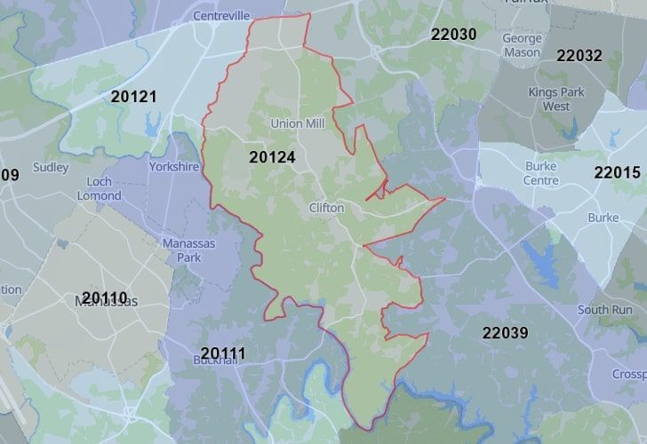 A Map Of Clifton In Northern Virginia, Showing The Zip Code 20124.