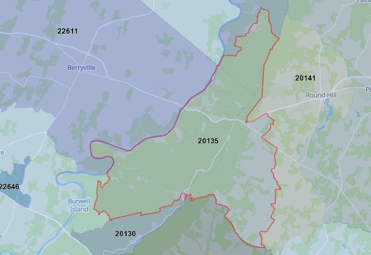 A Map Of Bluemont In Northern Virginia, Showing The Zip Code 20135.