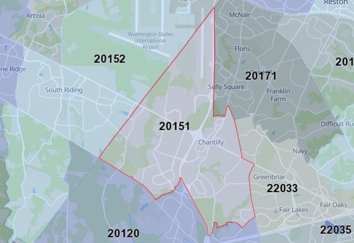 A Map Of Chantilly In Northern Virginia, Showing The Zip Code 20151.
