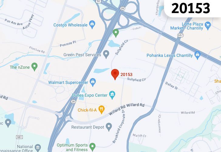 A Map Of Chantilly In Northern Virginia, Showing The Zip Code 20153.