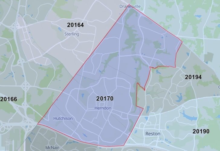 A Map Of Reston In Northern Virginia, Showing The Zip Code 20170.
