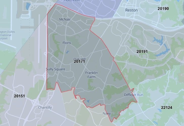 A Map Of Oak Hill In Northern Virginia, Showing The Zip Code 20171.