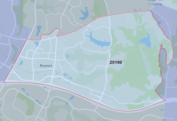A Map Of Reston In Northern Virginia, Showing The Zip Code 20190.