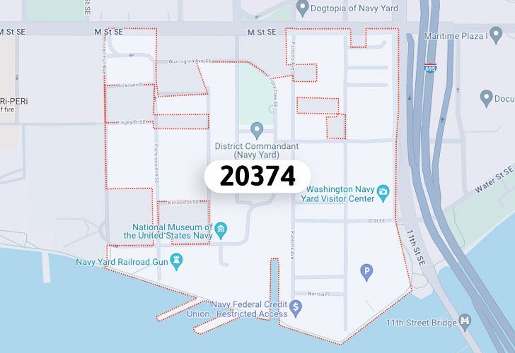 A Map Of The Navy Yard Neighborhood In Washington, D.C., Showing The 20374 Area.