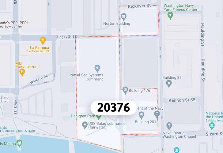 A Map Of The Navy Yard Neighborhood In Washington, D.C., Showing The 20376 Area.