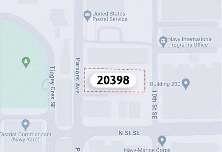 A Map Of The Navy Yard Neighborhood In Washington, D.C., Showing The 20398 Area.