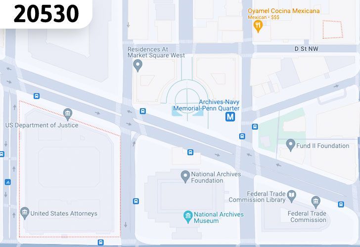 A Map Of The Downtown Neighborhood In Washington, D.C., Showing The 20530 Area.