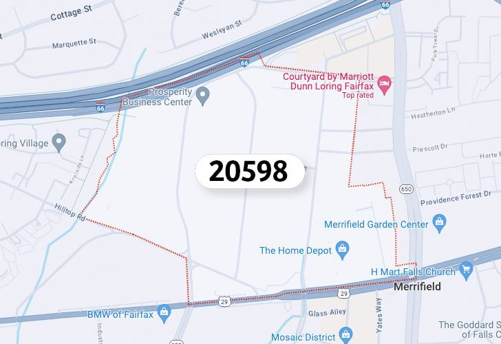 A Map Of Merrifield In Northern Virginia, Showing The Zip Code 20598.
