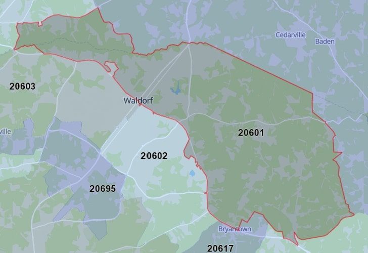 Bryans Road, MD Map With Zip Code 20601 Highlighted.