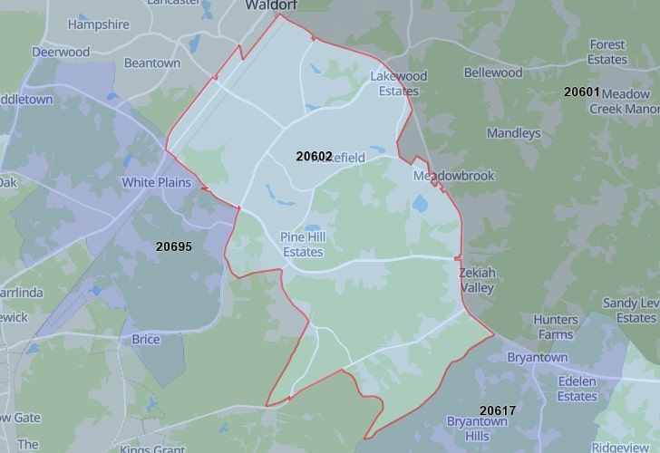 St. Charles, MD Map With Zip Code 20602 Highlighted.