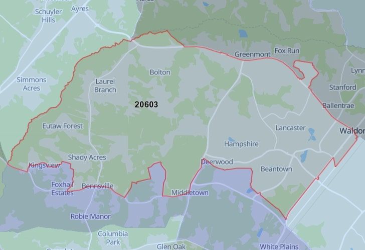 St. Charles, MD Map With Zip Code 20603 Highlighted.