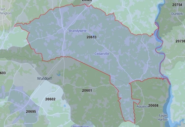 A Map Displaying 20613 Zip Code In Brandywine, Prince George's County, Maryland.