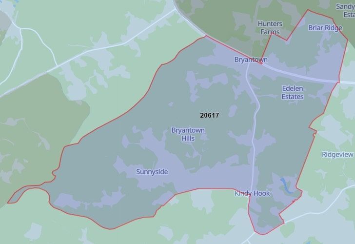 Bryantown, MD Map With Zip Code 20617 Highlighted.