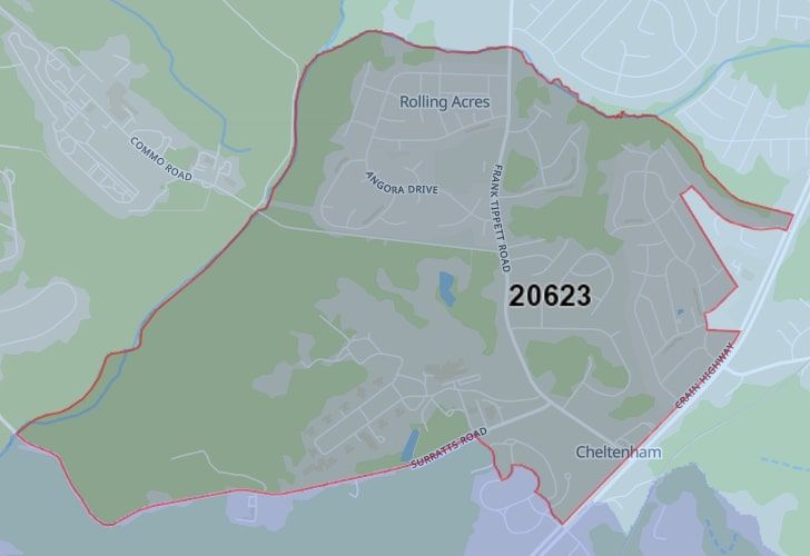 A Map Displaying 20623 Zip Code In Cheltenham, Prince George's County, Maryland.