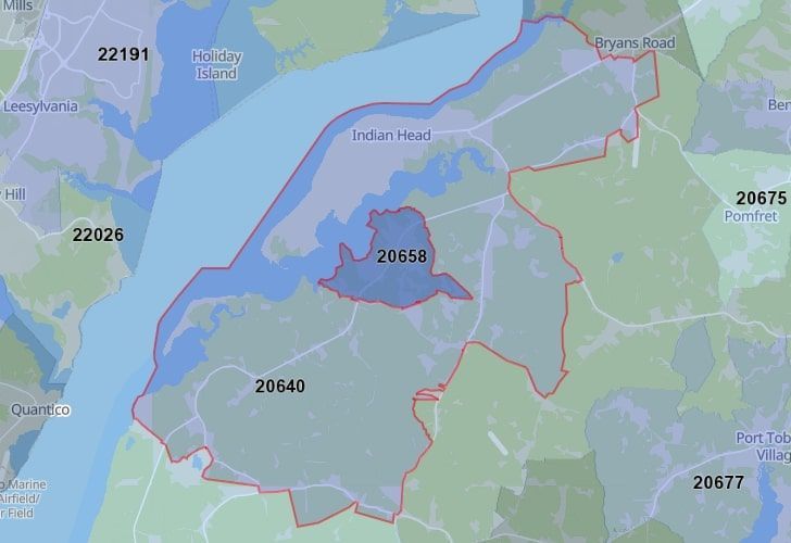 Bryans Road, MD Map With Zip Code 20640 Highlighted.
