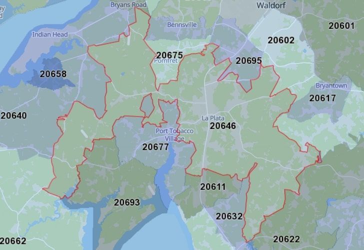 La Plata, MD Map With Zip Code 20646 Highlighted.