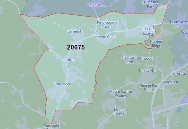Pomfret, MD Map With Zip Code 20675 Highlighted.