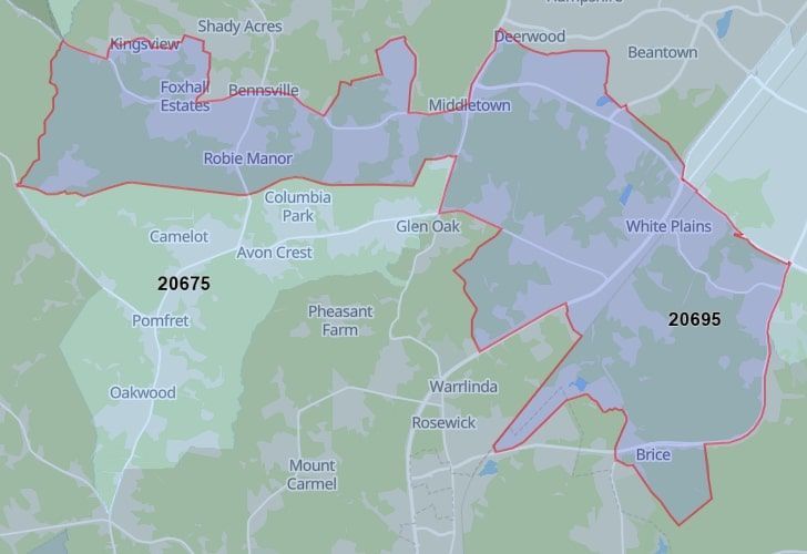 St. Charles, MD Map With Zip Code 20695 Highlighted.