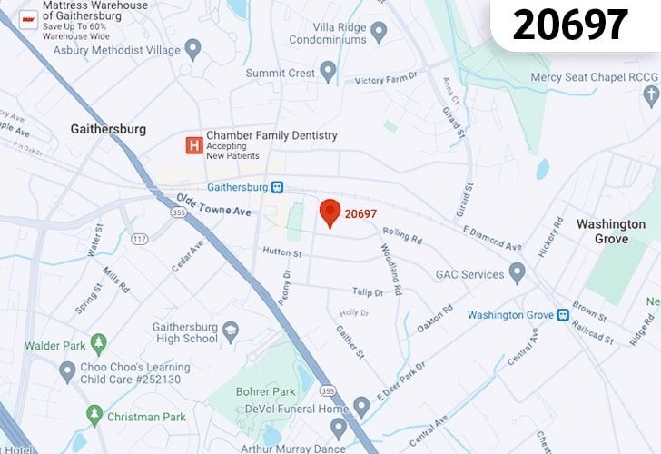 A Map Of Gaithersburg, Maryland With The Zip Code 20697 Highlighted.