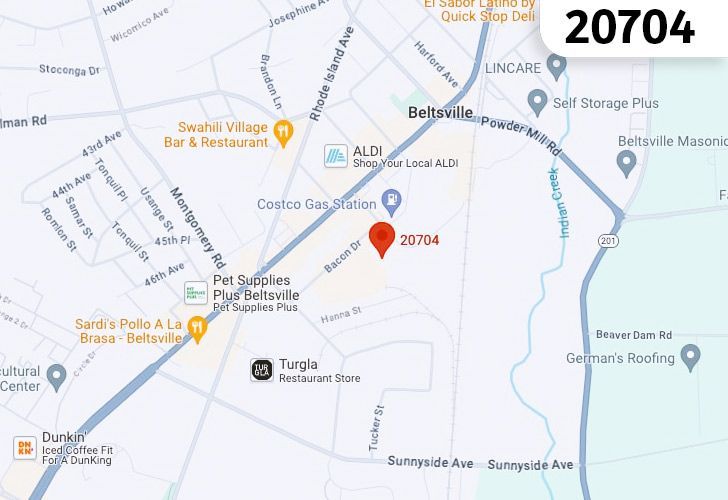 A Map Displaying 20704 Zip Code In Beltsville, Prince George's County, Maryland.