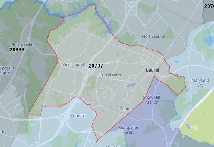 A Map Of Laurel, Howard County, MD, Highlighting The 20707 Zip Code.