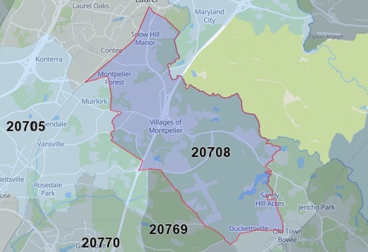 A Map Of Laurel, Howard County, MD, Highlighting The 20708 Zip Code.