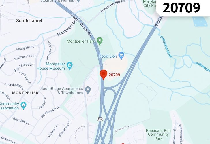 A Map Displaying 20709 Zip Code In South Laurel, Prince George's County, Maryland.