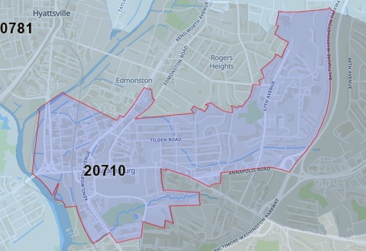 A Map Displaying 20710 Zip Code In Edmonston, Prince George's County, Maryland.