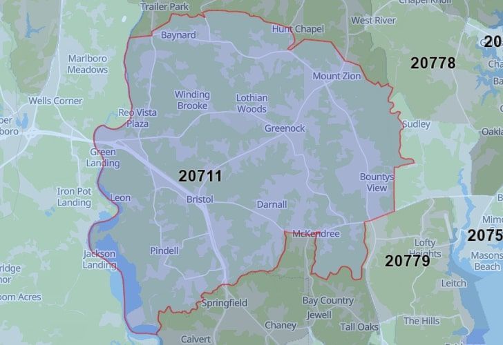Lothian, Maryland Map With A Central Spotlight On 20711 Zip.