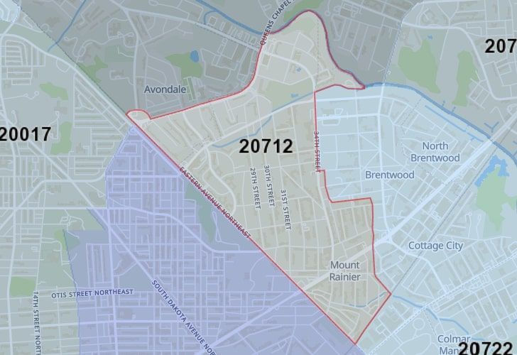 A Map Displaying 20712 Zip Code In Mount Rainier, Prince George's County, Maryland.