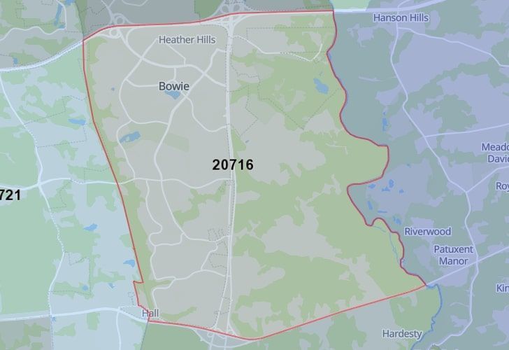 A Map Displaying 20716 Zip Code In Bowie, Prince George's County, Maryland.